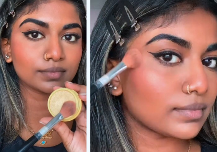 Gunakan gold highlighter. Trik dapatkan glow alami untuk makeup kulit sawo matang/Foto: pinterest.com/blendsbypouja