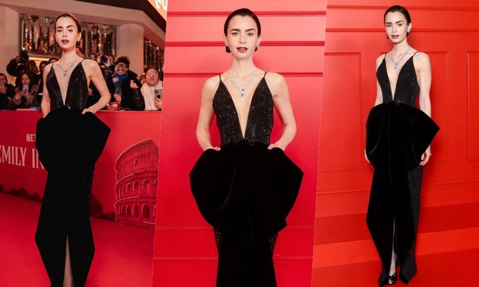 Lily Collins di World Premiere Emily in Paris Season 5. Ia mengenakan gaun hitam velvet dari Armani Privé./Foto: Instagram/lilyjcollins
