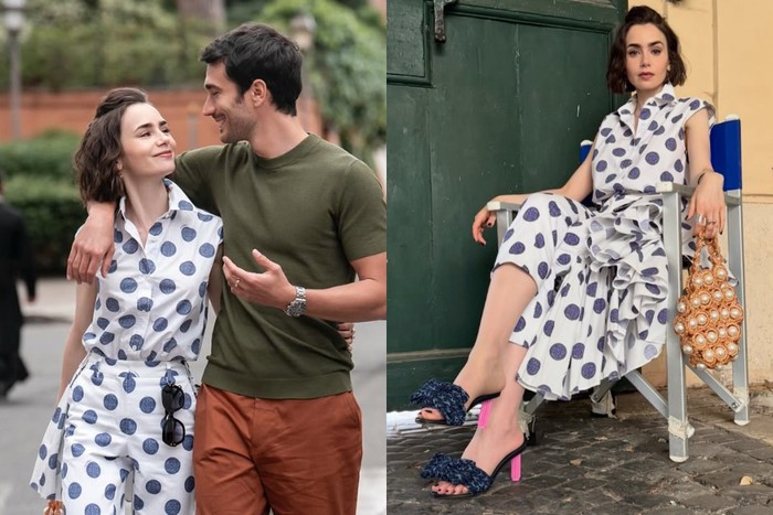 Emily Cooper memakai top model sleeveless beraksen button up motif polkadot yang dipadukan dengan trousers selutut bermotif senada dari Moschino. / Foto: Instagram.com/netflix/ Instagram.com/lilyjcollins