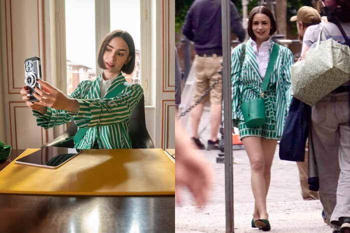 Outfit mix and match pattern ternyata nggak aneh ya. Hal ini terbukti lewat tampilan Emily Cooper yang tetap stylish saat memakai busana serba hijau tabrak motif./ Foto: Dok. Netflix/ instagram.com/francescabellavita