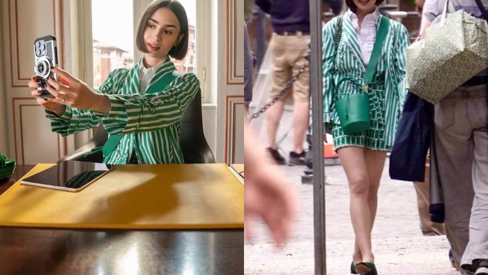 Outfit mix and match pattern ternyata nggak aneh ya. Hal ini terbukti lewat tampilan Emily Cooper yang tetap stylish saat memakai busana serba hijau tabrak motif./ Foto: Dok. Netflix/ instagram.com/francescabellavita