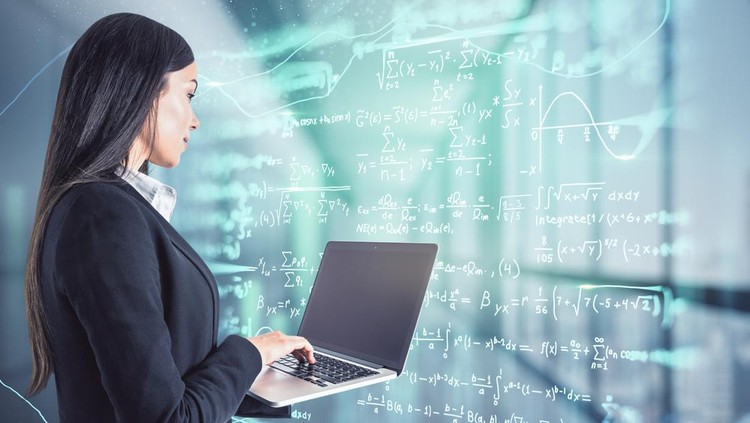 Online education and studying concept with businesswoman with laptop in front of virtual wall with mathematical formulas