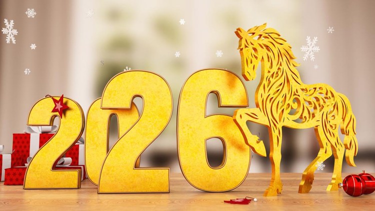 Chinese New Year Concept&period; 2026 New Year Greeting with Golden Horse and Holiday Gifts&period; 3D Render
