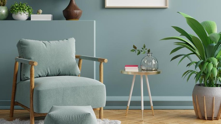 Mock up poster in modern living room interior design with dark green empty wall&period;3d rendering