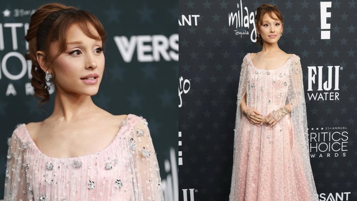 Ariana Grande hadir di Critics' Choice Awards 2026. Ia mengenakan gaun dari Alberta Ferretti.