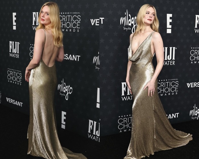 Elle Fanning hadir di Critics' Choice Awards 2026. Ia mengenakan gaun vintage dari Ralph Lauren.