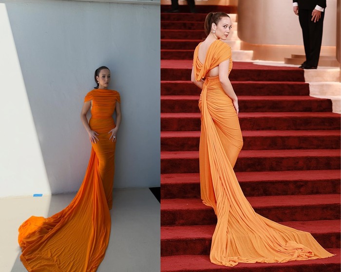 Laufey di Golden Globes 2026. Ia mengenakan gaun Balenciaga.