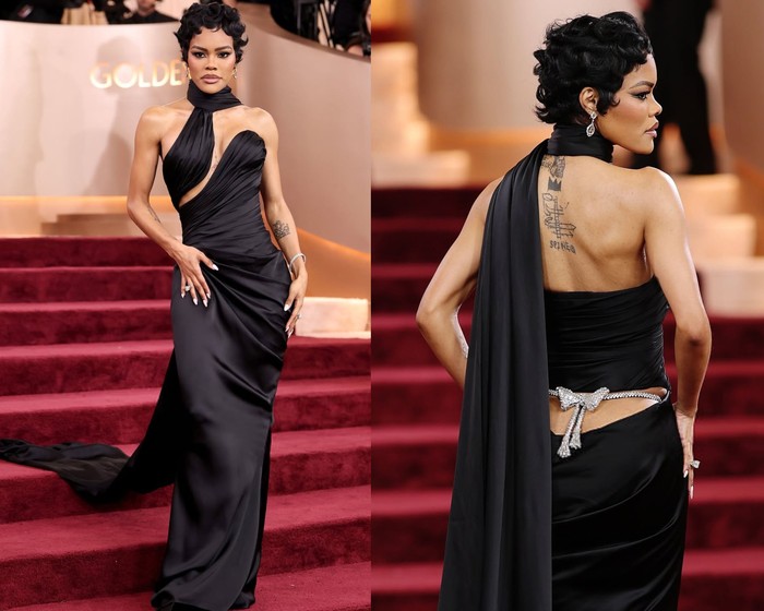 Teyana Taylor di Golden Globes 2026. Ia mengenakan gaun Schiaparelli.