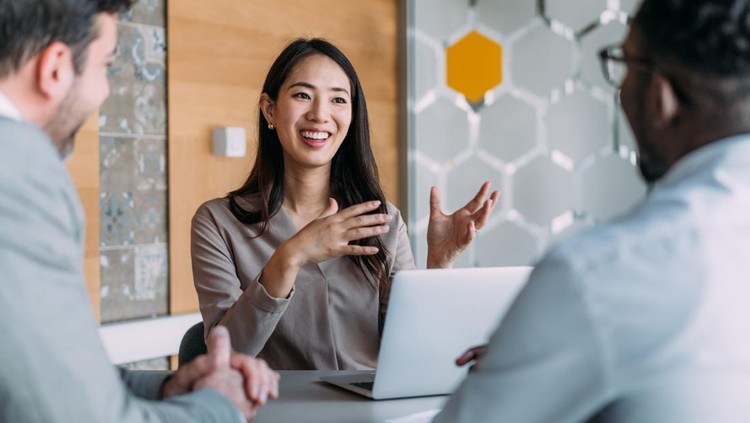 Shot of group of business persons in business meeting&period; Three entrepreneurs on meeting in board room&period; Creative business team on meeting in modern office&period; Female manager discussing new project with her colleagues&period; Company owner on a meeting with two of her employees in her office&period;
