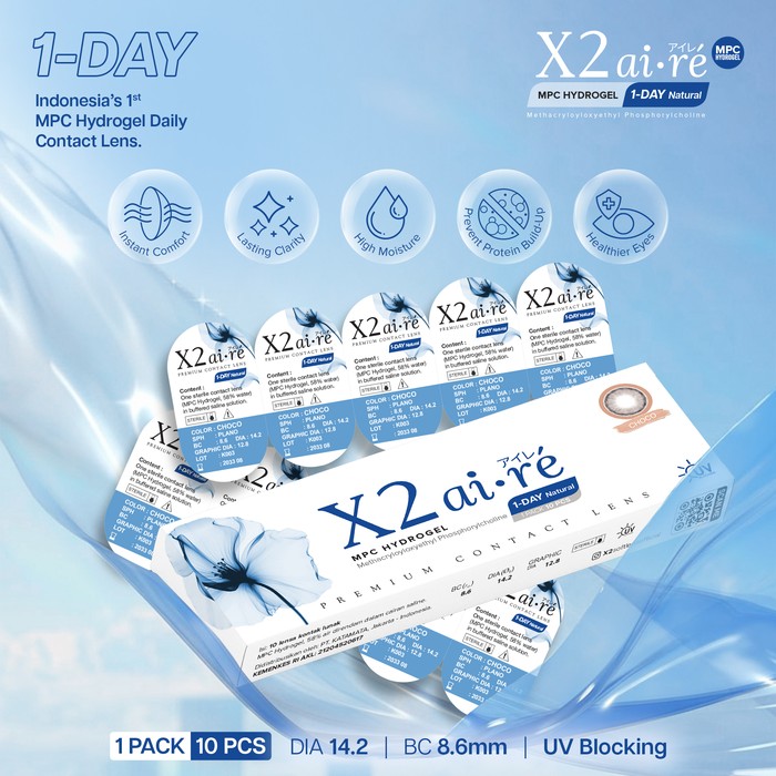 X2 ai.re Daily dikembangkan menggunakan teknologi MPC Hydrogel dengan kadar air 58%, yang dirancang untuk meniru keseimbangan kelembapan alami mata.