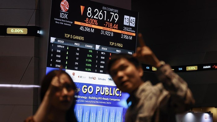 Pergerakan Indeks Harga Saham Gabungan (IHSG) mencatatkan koreksi signifikan, turun 7,34% ke level 8.321,22 pada sesi pertama perdagangan Rabu (28/1/2026).