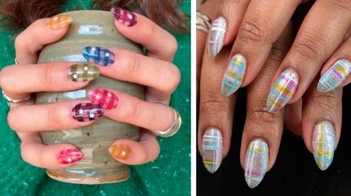 Inspirasi plaid dan tartan nails dengan motif kotak modern yang lagi tren. Cocok untuk patterned manicure artsy yang tetap rapi dan stylish/Foto: pinterest.com/good4amaya/10piecenails