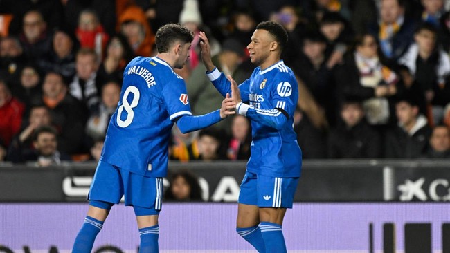 Real Madrid mengalahkan Valencia 2-0 yang diwarnai gol Kylian Mbappe pada pekan ke-23 Liga Spanyol di Stadion Mestalla, Senin (9/2) dini hari WIB.