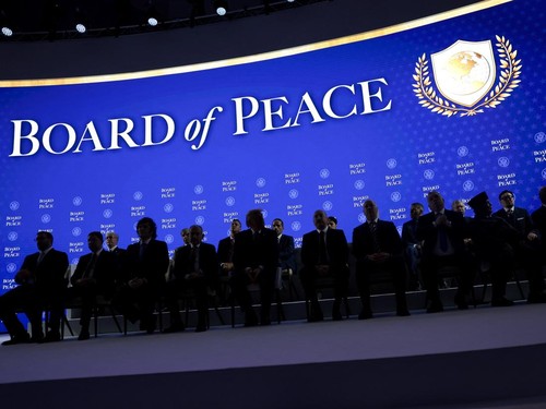 U.S. President Donald Trump sits with Argentina's President Javier Milei, Armenia's Prime Minister Nikol Pashinyan, Hungary's Prime Minister Viktor Orban, Bahrain's Minister of the Prime Minister's Court Shaikh Isa bin Salman bin Hamad Al Khalifa, Mo