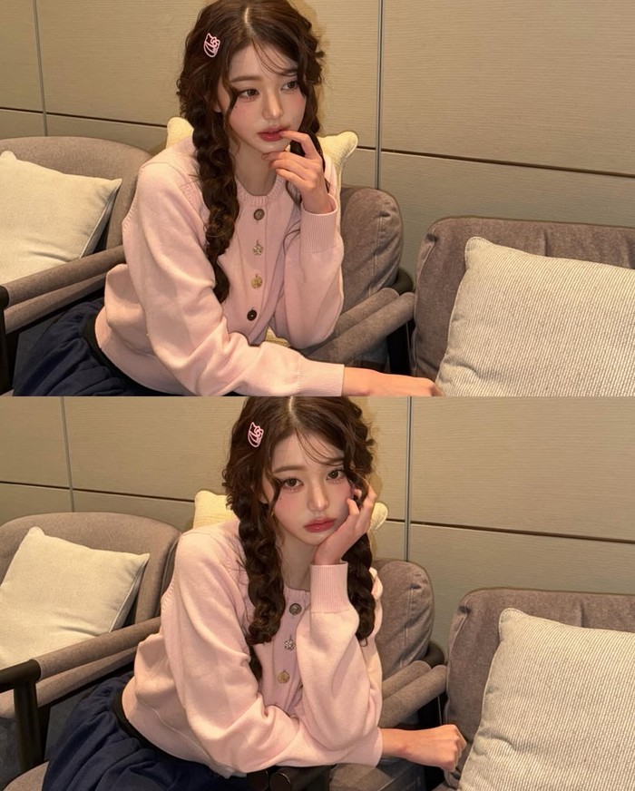 Gaya berpakaian Jang Wonyoung IVE kerap menjadi ide OOTD, tak terkecuali look artis Korea berusia 21 tahun yang mudah ditiru dalam foto ini. Tidak perlu ribet, kamu cukup pakai cardigan dan bubble skirt, lho! / Foto: instagram.com/for_everyoung10