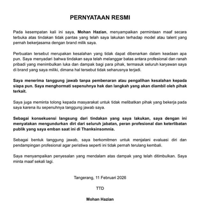 Pernyataan resmi Mohan Hazian akui pelecehan seksual