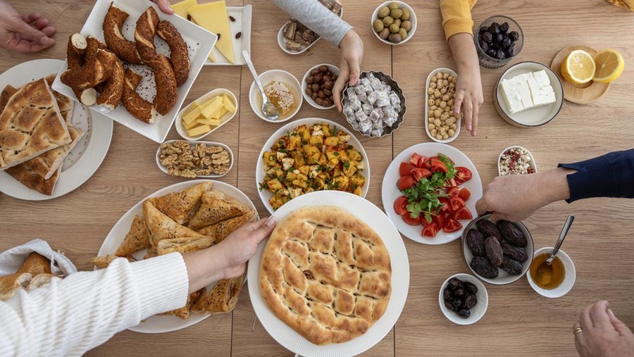 Turkish breakfast and Ramadan pita on the table for sahur meal or iftar meal
