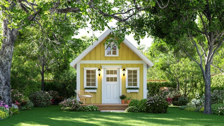 Cute tiny yellow house on green lawn 3d render Surrounded by nature&period;