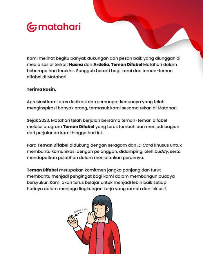 viral di TikTok, potret kebahagiaan seorang penyandang tunarungu yang diterima bekerja di Matahari Department Store. Hal tersebut pun membuat Matahari Store jadi ramai diapresiasi oleh warganet.