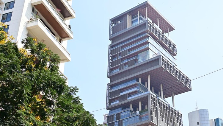 Mumbai&comma; India - April 15&comma; 2024&colon; Antilia building&comma; It is the residence of the Indian billionaire Mukesh Ambani&comma; the skyscraper-mansion is one of the world's largest and most elaborate private homes&period;