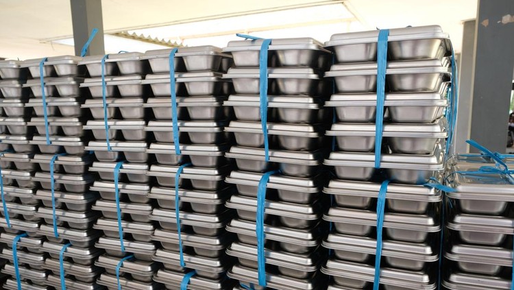 MBG food tray stack Free nutritious meals&period; Makan Bergizi Gratis&period; Stainless steel food tray&period;