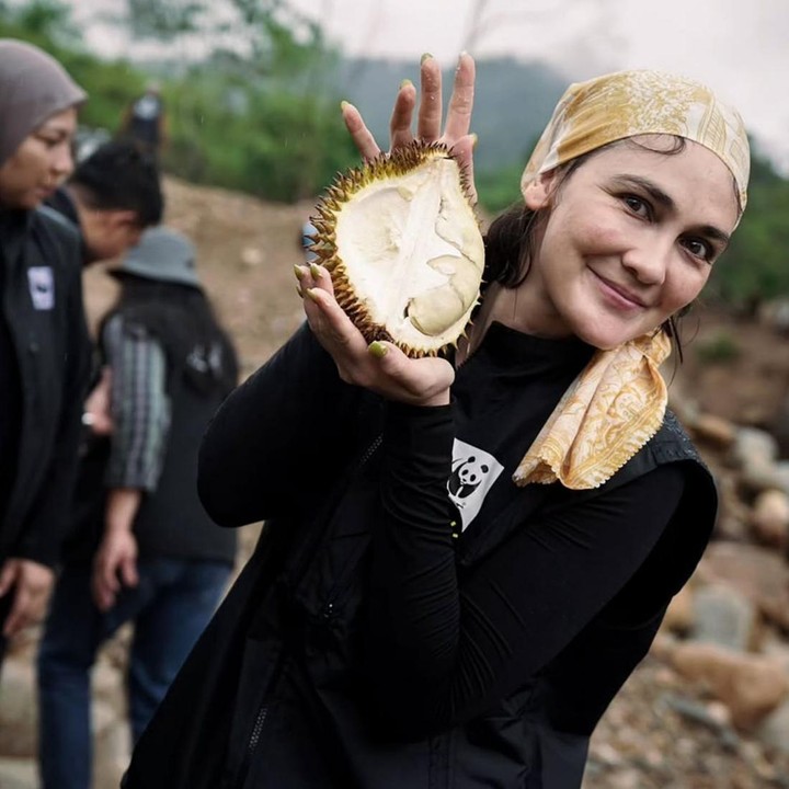 <p>Setelah berkeliling menyusuri perbukitan di Aceh, Luna pun mengakhiri perjalanannya dengan menikmati buah durian khas daerah setempat. Dalam foto yang dibagikan, tampak jelas wajah bahagia Luna saat menyantap durian tersebut ya, Bunda. (Foto: Instagram @lunamaya)</p>