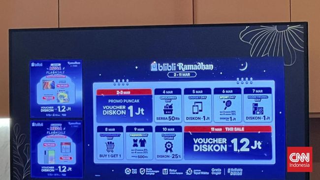Blibli menghadirkan program Mega Ramadan Sale yang menawarkan voucher diskon hingga promo harian. Promo ini berlangsung pada 2-11 Maret 2025.