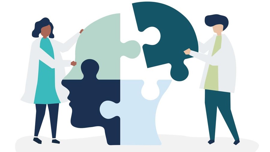 People connecting jigsaw pieces of a head together&comma; Ilustrasi Kepribadian