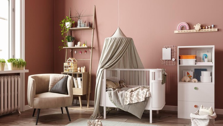 Modern Baby Room Interior With Messy Crib&comma; Cabinet&comma; Armchair&comma; Toys And Plants