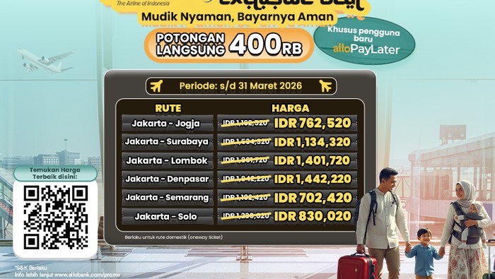 Melalui program spesial dari Antavaya bersama Allo Bank, kamu berkesempatan mendapatkan diskon hingga Rp400.000 untuk pembelian tiket pesawat garuda.