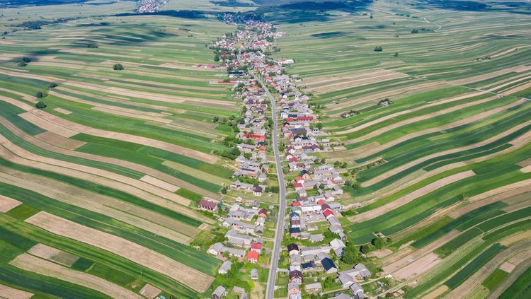 Village from drone aerial view&period; Suloszowa village in Krakow County&comma; Lesser Poland Voivodeship&comma; in southern Poland&period; Beautiful village with houses and fields in Poland&period; Village in the middle of the fields