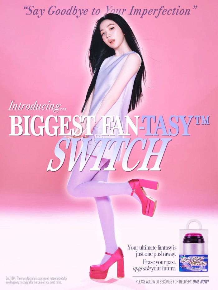 Irene bersiap memperkenalkan sebuah produk bernama 'Biggest Fan-tasy Switch' dengan kalimat persuasif 'Say Goodbye to Your Imperfection' dalam foto konsep album terbarunya Biggest Fan./ Foto: instagram.com/smtown