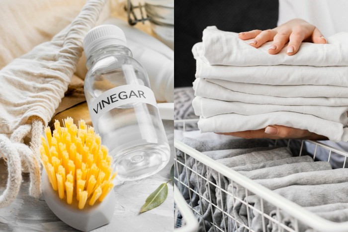 Cuka putih atau distilled white vinegar dapat menghilangkan sisa deterjen yang dapat menimbulkan noda kekuningan pada baju putih./ Foto: Freepik.com