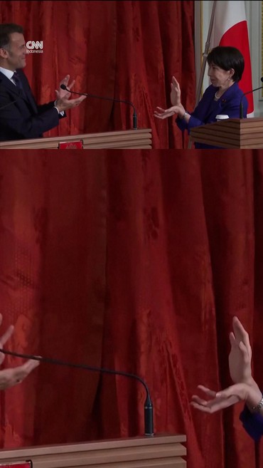 Momen Presiden Prancis Macron dan PM Jepang Takaichi Adu 