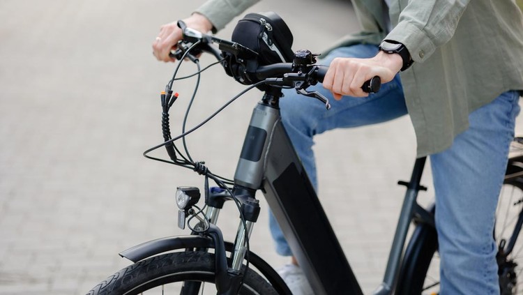 A person in casual attire is riding an electric bike along a well-maintained brick pathway in a park&period; The scene captures a sunny day&comma; promoting outdoor activities and healthy living&period;