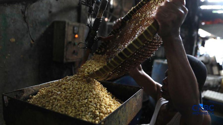 Pekerja membikin tahu berbahan kedelai impor di Kawasan Duren Tiga, Jakarta, Rabu (8/4/2026). (CNBC Indonesia/Muhammad Sabki)