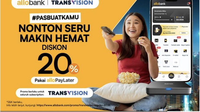 Yang istimewa, layanan Transvision saat ini menyediakan potongan harga sebesar 20 persen jika melakukan pembayaran menggunakan fitur Allo Paylater.