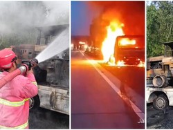 Mobil Towing Angkut Wheel Loader Terbakar di Tol Lampung Ruas Bakter