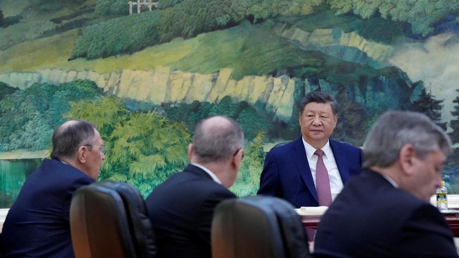 Russia’s Foreign Minister Sergei Lavrov walks for a meeting with China’s President Xi Jinping at the Great Hall of the People in Beijing, China April 15, 2026. Iori Sagisawa/Pool via REUTERS