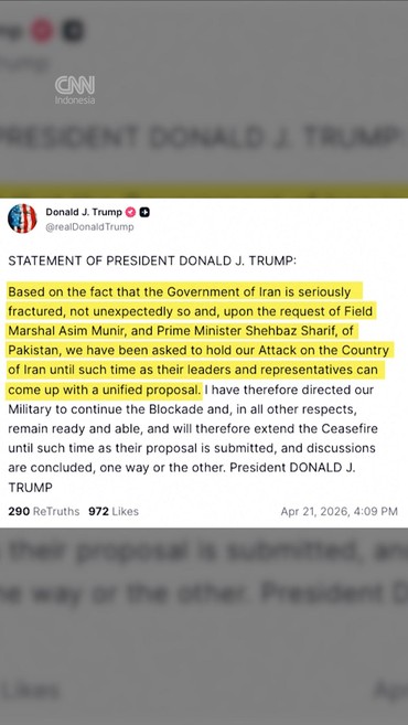 Kata-kata Trump saat Umumkan Perpanjangan Gencatan AS-Iran di Medsos