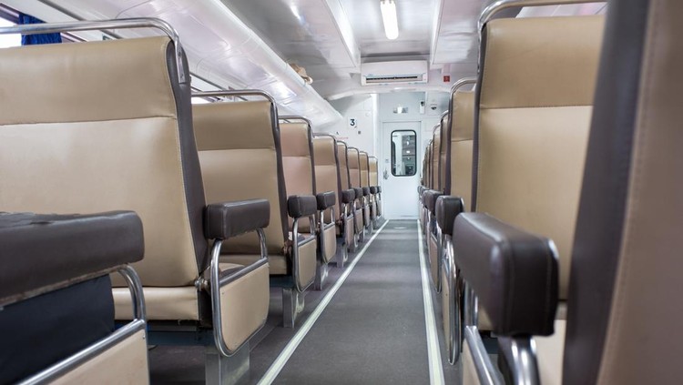 Economy class train interior&period; Inside of  train compartment&comma; in Indonesia&comma; trasportation&period; stock photo