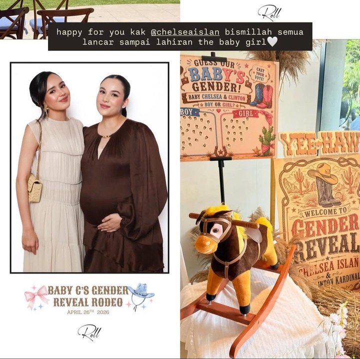 <p>Acara <em>gender reveal</em> ini juga turut dihadiri sahabat artis. Salah satunya adalah bintang Si Paling Aktor, Beby Tsabina. Perempuan 23 tahun ini mengunggah potret kebersamaannya dengan Chelsea dan menuliskan doa serta harapannya untuk kehamilan sang sahabat. "<em>Happy for you</em> kak @chelseaislan <em>bismillah</em> semua lancar sampai lahiran <em>the baby girl</em>," tulisnya. (Foto: Instagram @chelseaislan)</p>