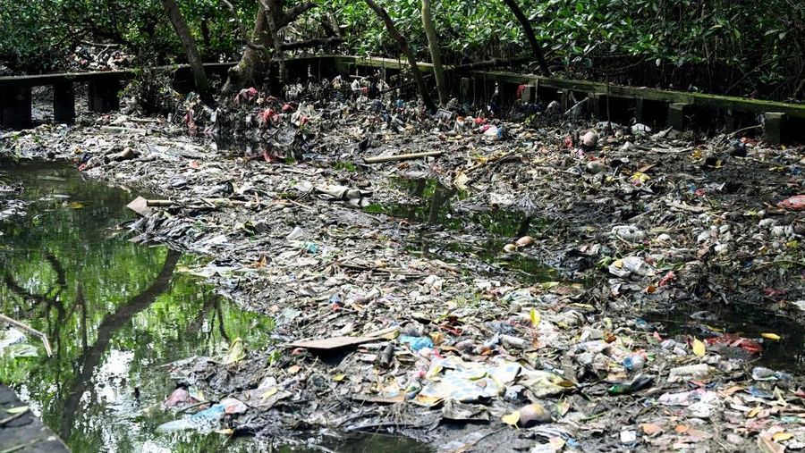 Sampah plastik terlihat berceceran di bawah pohon bakau di pusat konservasi bakau dekat Denpasar di pulau wisata Bali, pada 30 April 2026.