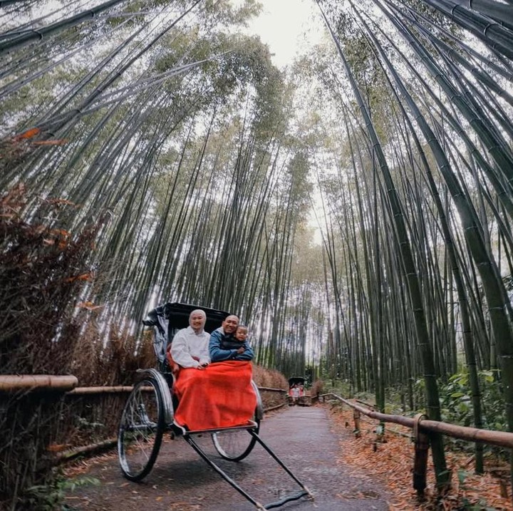 <p>Dalam momen liburan ini, Oki dan sang istri mengunjungi tempat wisata alam bernunasa hutan bambu di Jepang. Saat berada di tempat wisata ini, Oki bersama istri dan putranya menyempatkan diri untuk menaiki <em>Jinrikisha</em> atau kendaraan tradisional Jepang. Ketigannya tampak menikmati pemandangan asri yang ada di sekitar. (Foto: Instagram @okirengga33)</p>