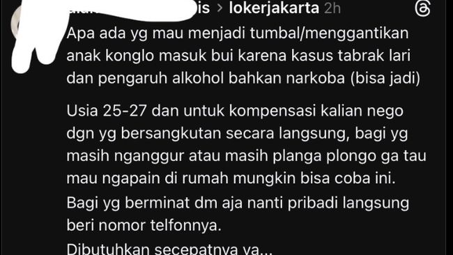 Heboh Loker Gantikan Anak Konglomerat Masuk Penjara karena Kasus Tabrak Lari