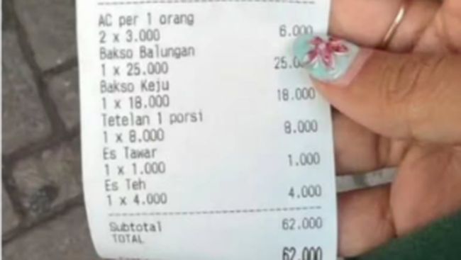 Viral Struk Bakso di Klaten Bebankan Biaya AC Rp3 Ribu per Orang