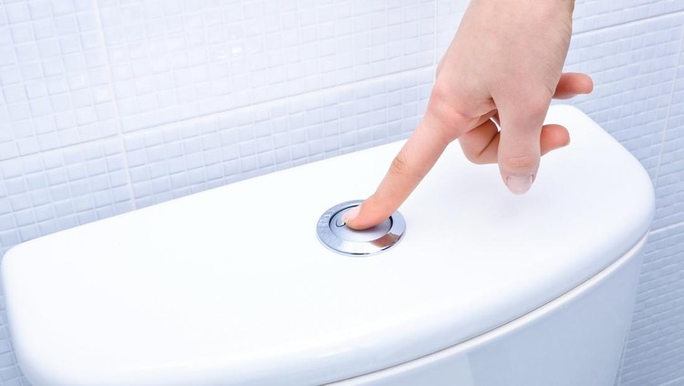 finger pushing button and flushing toilet