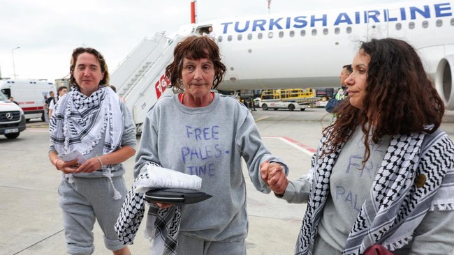 Margaret Connolly, sister of the Irish president Catherine Connolly and an activist from the Gaza-bound Global Sumud Flotilla, detained by Israeli forces after their vessels were intercepted in international waters in the Mediterranean, walks on the