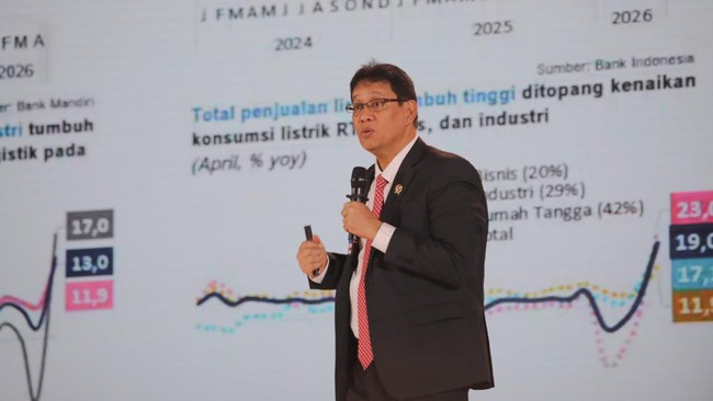 Menteri Keuangan RI, Purbaya Yudhi Sadewa saat menyampaikan pemaparan dalam Jogja Financial Festival 2026 di Jogja Expo Center (JEC), Yogyakarta, DIY, Jumat (22/5/2026). (CNBC Indonesia/Faisal Rahman)