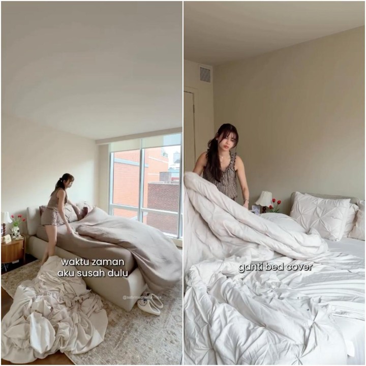 <p>Ruang tidur di apartemen Sabrina juga didesain minimalis, Bunda. Sabrina banyak menggunakan warna cokelat muda, putih, dan abu-abu untuk desain kamar tidurnya. Di ruang tidur ini juga terdapat jendela besar untuk memberikan pencahayaan ruangan yang baik. (Foto: Instagram @sabrinachairunnisa_)</p>